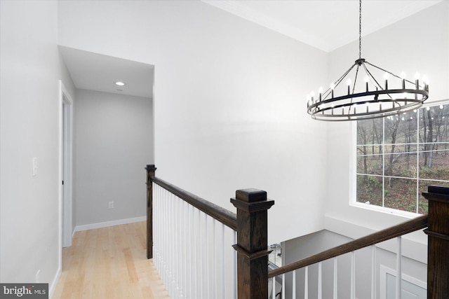 901 E Quaker Bottom Rd, Sparks Glencoe, MD 21152 - hallway with an upstairs landing, a chandelier, light wood-style floors, recessed lighting, and baseboards