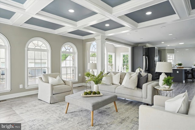 6624 Aaron Mee Way, Baltimore, MD 21237 - living area featuring coffered ceiling, light wood-type flooring, baseboards, beamed ceiling, and ornamental molding