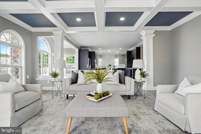 6624 Aaron Mee Way, Baltimore, MD 21237 - living room with decorative columns, coffered ceiling, crown molding, healthy amount of natural light, and light wood-type flooring
