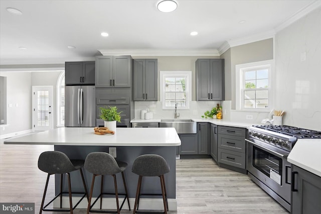 6624 Aaron Mee Way, Baltimore, MD 21237 - kitchen featuring appliances with stainless steel finishes, a sink, a kitchen breakfast bar, gray cabinets, and crown molding