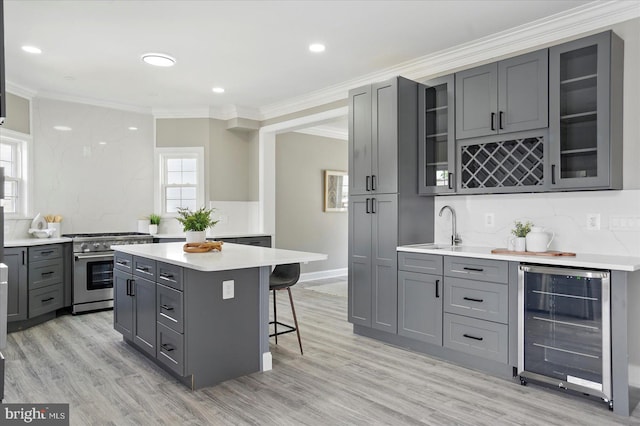 6624 Aaron Mee Way, Baltimore, MD 21237 - kitchen featuring beverage cooler, high end range, gray cabinets, ornamental molding, and recessed lighting