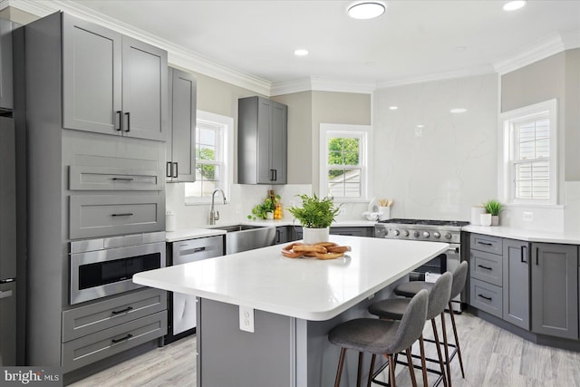6624 Aaron Mee Way, Baltimore, MD 21237 - kitchen featuring a sink, gray cabinets, appliances with stainless steel finishes, a breakfast bar area, and ornamental molding