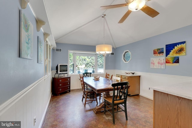 29 Devon Rd, Southampton, PA 18966 - dining area with wainscoting, a ceiling fan, and lofted ceiling