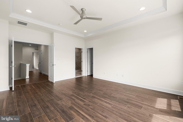 42289 Porter Rdg, Brambleton, VA 20148 - spare room with a raised ceiling, a ceiling fan, dark wood-style floors, crown molding, and recessed lighting