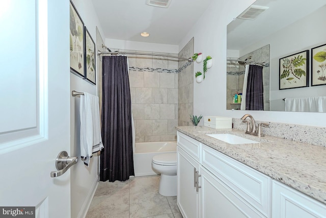 full bath featuring shower / bath combination with curtain, vanity, toilet, tile patterned flooring, and recessed lighting
