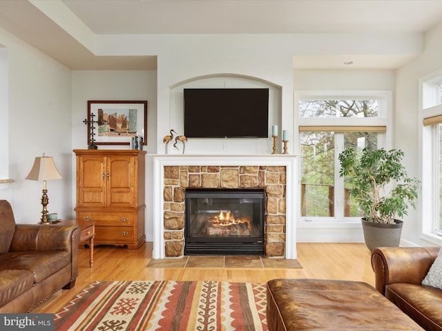 living area featuring light wood-style floors and a fireplace