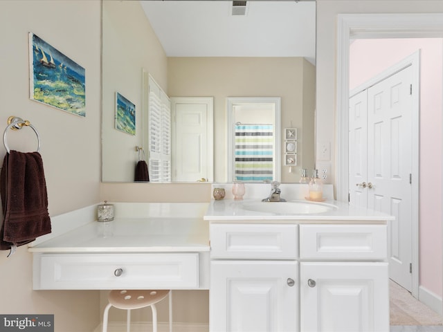 full bath featuring vanity and curtained shower
