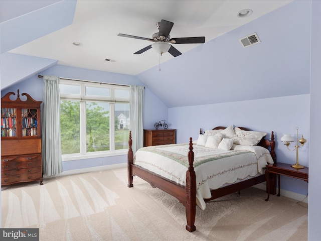 carpeted bedroom with vaulted ceiling, baseboards, ceiling fan, and recessed lighting