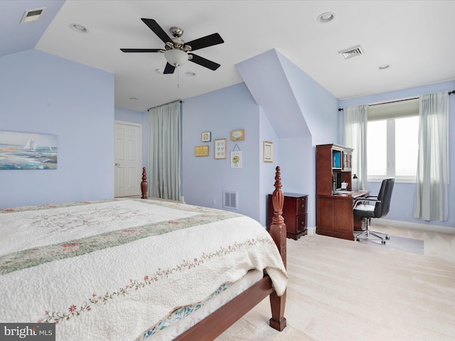 bedroom featuring an office area, carpet floors, recessed lighting, lofted ceiling, and baseboards