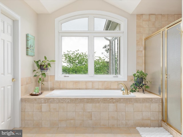 full bathroom featuring plenty of natural light, a bath, a shower stall, and lofted ceiling