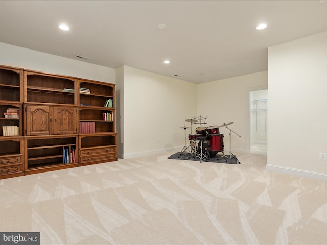 playroom with light carpet, baseboards, and recessed lighting