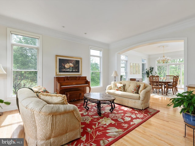 living room featuring ornamental molding, arched walkways, a chandelier, and wood finished floors