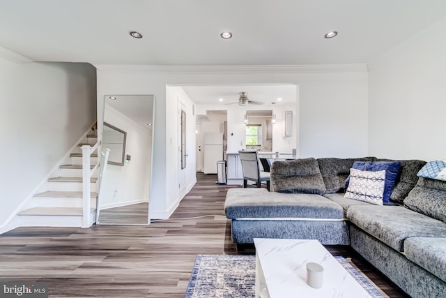 6328 Martin Luther King Jr Hwy, Capitol Heights, MD 20743 - living room featuring ornamental molding, stairs, wood finished floors, recessed lighting, and baseboards