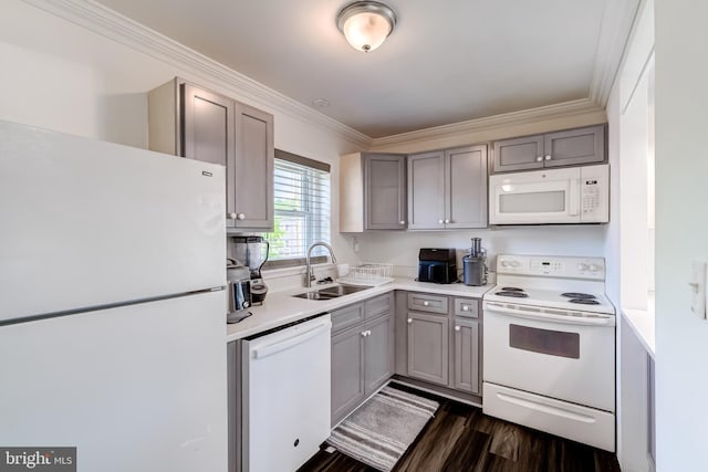 6328 Martin Luther King Jr Hwy, Capitol Heights, MD 20743 - kitchen with white appliances, a sink, gray cabinetry, crown molding, and dark wood-style flooring