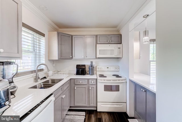 6328 Martin Luther King Jr Hwy, Capitol Heights, MD 20743 - kitchen with white appliances, a sink, gray cabinetry, dark wood-style floors, and light countertops