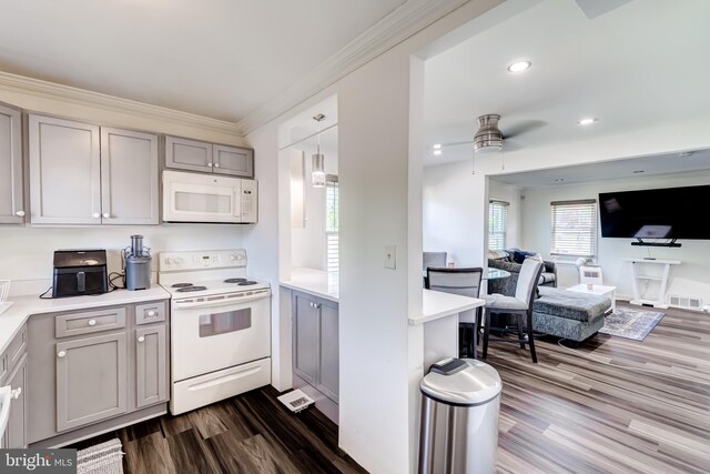 6328 Martin Luther King Jr Hwy, Capitol Heights, MD 20743 - kitchen featuring white appliances, gray cabinets, dark wood finished floors, open floor plan, and ornamental molding