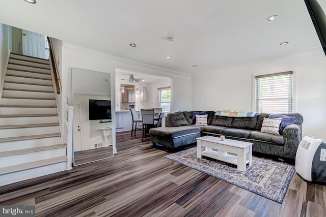 6328 Martin Luther King Jr Hwy, Capitol Heights, MD 20743 - living room with stairway, wood finished floors, recessed lighting, and ceiling fan