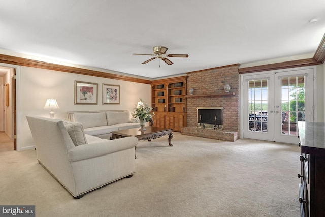 3731 Long Point Dr, York, PA 17402 - living room featuring ornamental molding, carpet floors, french doors, ceiling fan, and a fireplace