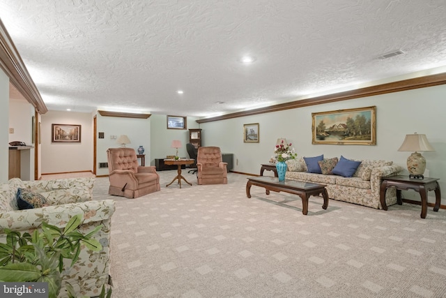 3731 Long Point Dr, York, PA 17402 - carpeted living room with a textured ceiling, crown molding, and baseboards