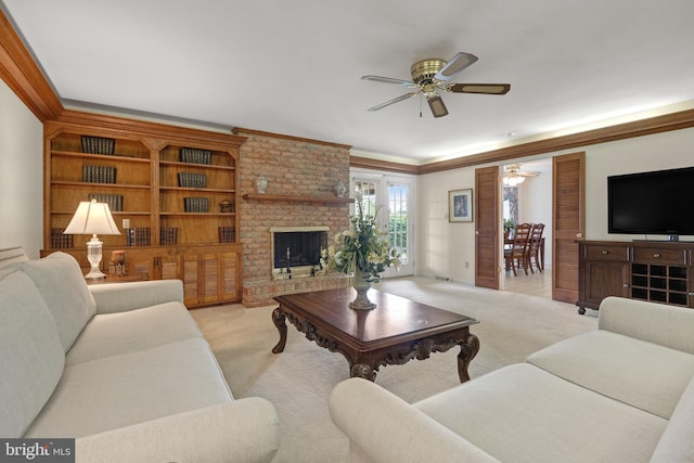 3731 Long Point Dr, York, PA 17402 - living room with ceiling fan, light colored carpet, a fireplace, and ornamental molding