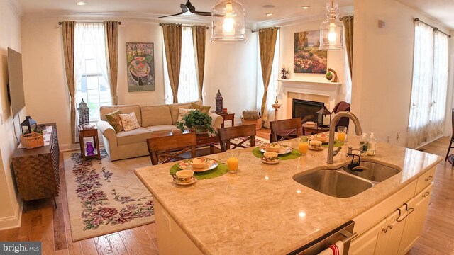 16 Magpie Ln, Princeton Junction, NJ 08550 - kitchen featuring open floor plan, a center island with sink, light wood-style flooring, a tiled fireplace, and light stone countertops