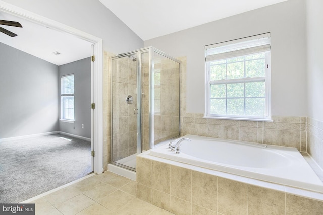 bathroom with a shower stall, a bath, tile patterned flooring, ceiling fan, and baseboards