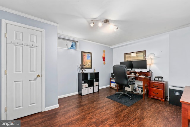 office with wood finished floors, ornamental molding, and baseboards