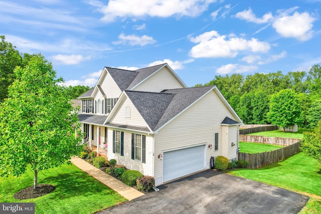 view of property exterior with a shingled roof, asphalt driveway, and a garage