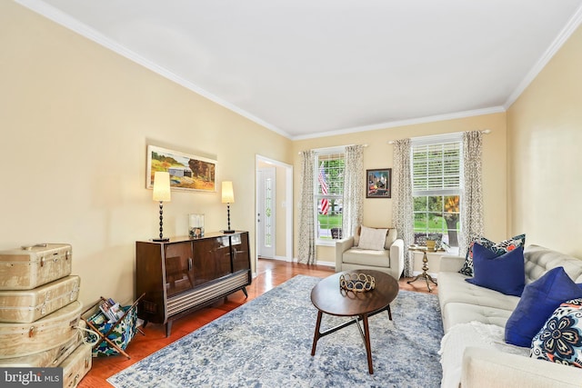living room with ornamental molding and wood finished floors