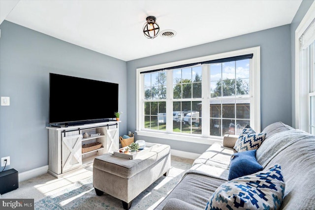 living area featuring baseboards and carpet