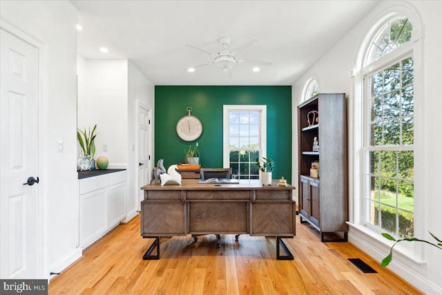 office with ceiling fan, light wood-style floors, and recessed lighting