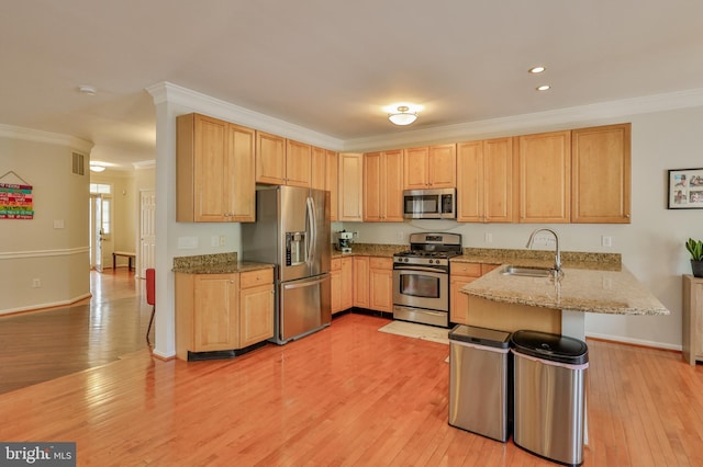 kitchen featuring appliances with stainless steel finishes, a sink, a peninsula, ornamental molding, and light wood-type flooring