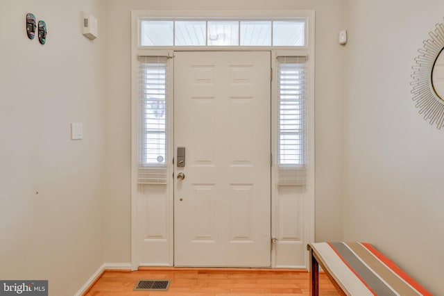foyer entrance with light wood-style flooring, plenty of natural light, and baseboards