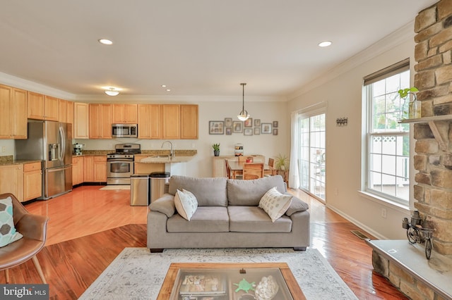 living area featuring light wood-style floors, crown molding, recessed lighting, and baseboards