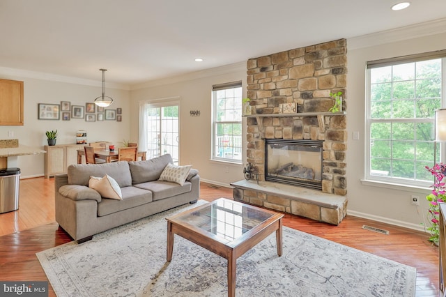 living room with healthy amount of natural light, crown molding, wood finished floors, baseboards, and a fireplace