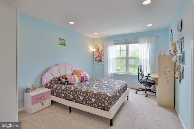 bedroom with carpet, recessed lighting, and baseboards