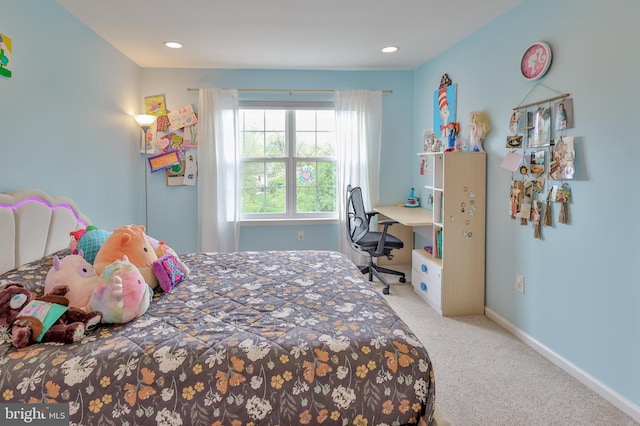 bedroom with carpet flooring, recessed lighting, and baseboards