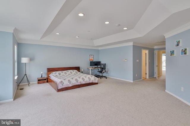 bedroom featuring ornamental molding, light colored carpet, baseboards, a raised ceiling, and recessed lighting