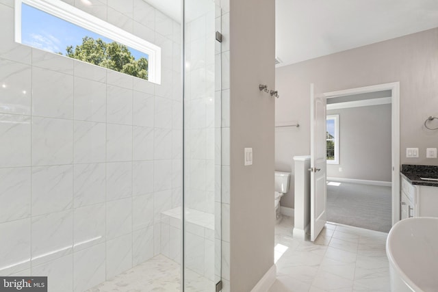 165 Green St, Warrenton, VA 20186 - bathroom with tiled shower, marble look tile flooring, baseboards, toilet, and a freestanding bath