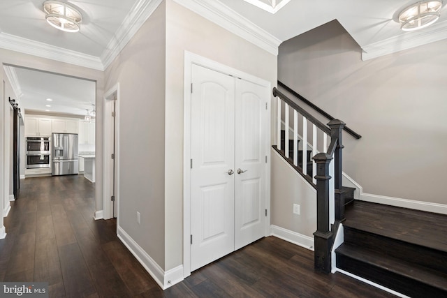 165 Green St, Warrenton, VA 20186 - foyer entrance featuring dark wood finished floors, stairs, baseboards, and ornamental molding