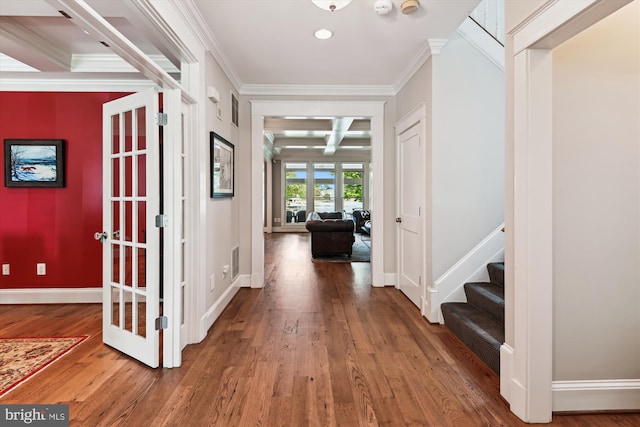 853 Imperial Rd, Arnold, MD 21012 - foyer with crown molding, hardwood / wood-style floors, stairway, baseboards, and coffered ceiling