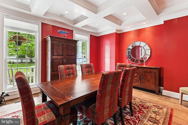 853 Imperial Rd, Arnold, MD 21012 - dining area featuring light wood finished floors, coffered ceiling, ornamental molding, healthy amount of natural light, and beamed ceiling