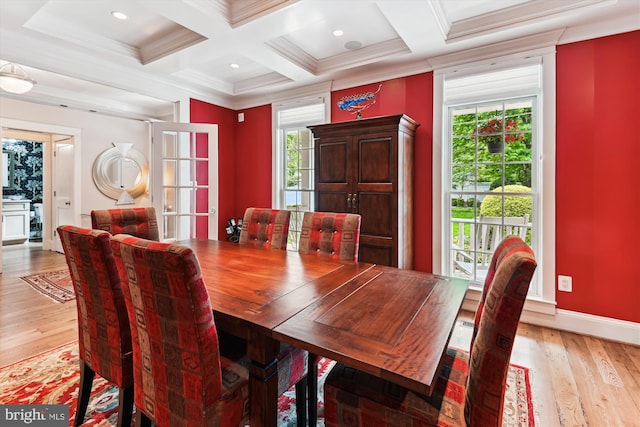 853 Imperial Rd, Arnold, MD 21012 - dining area with light wood finished floors, ornamental molding, coffered ceiling, beamed ceiling, and baseboards