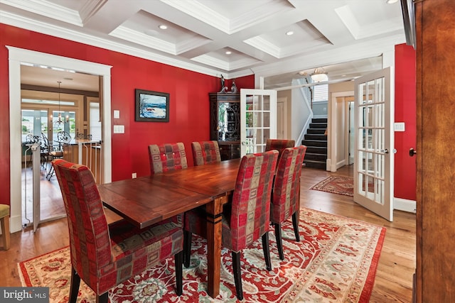 853 Imperial Rd, Arnold, MD 21012 - dining room with french doors, crown molding, coffered ceiling, light wood-type flooring, and beam ceiling