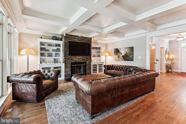 853 Imperial Rd, Arnold, MD 21012 - living area with wood finished floors, ornamental molding, beamed ceiling, a fireplace, and coffered ceiling