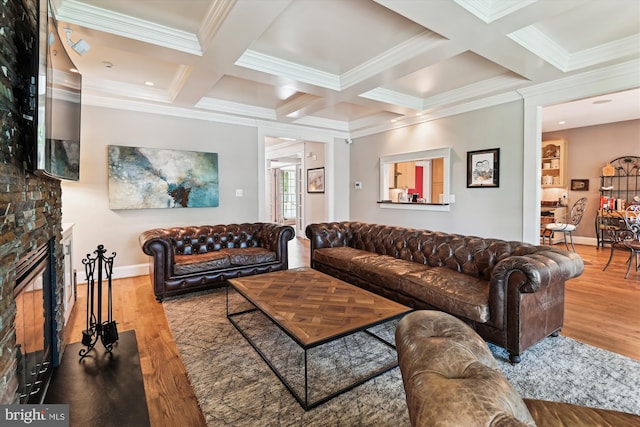 853 Imperial Rd, Arnold, MD 21012 - living area with ornamental molding, wood finished floors, coffered ceiling, beamed ceiling, and a fireplace