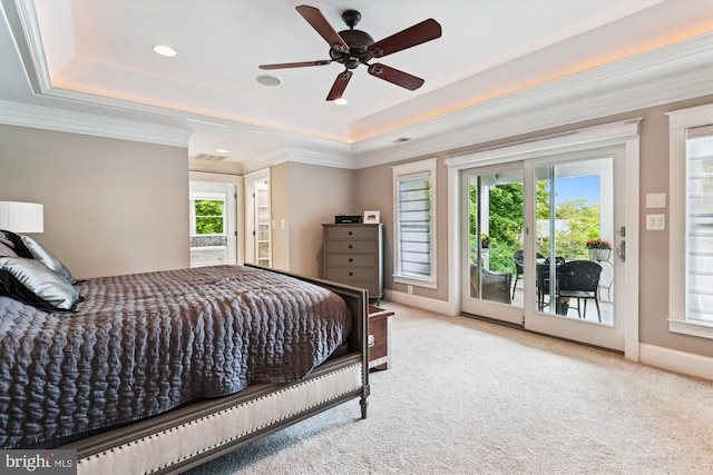 853 Imperial Rd, Arnold, MD 21012 - bedroom featuring access to exterior, a raised ceiling, light carpet, recessed lighting, and crown molding