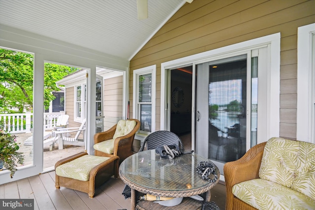 853 Imperial Rd, Arnold, MD 21012 - sunroom featuring lofted ceiling, outdoor dining space, and ceiling fan