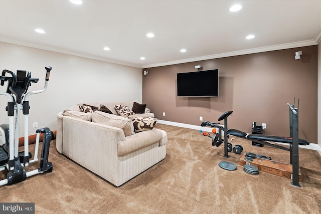 853 Imperial Rd, Arnold, MD 21012 - workout area featuring light colored carpet, ornamental molding, recessed lighting, and baseboards