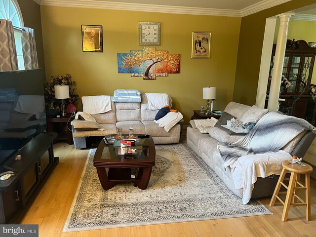 15202 Wetherburn Dr, Centreville, VA 20120 - living area with decorative columns, crown molding, and wood finished floors